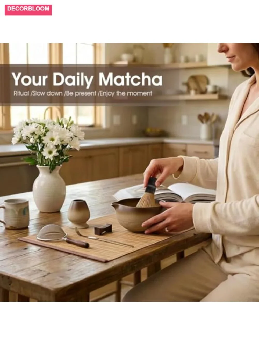 7-Piece Matcha Set with Bowl, 100-Prong Bamboo Whisk & Tea Mat